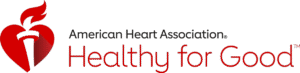 American Heart Association Healthy for Good logo with red heart and torch symbol.