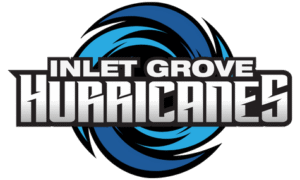 Inlet Grove Hurricanes school logo featuring bold silver text with blue swirling hurricane graphics in the background.