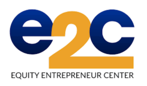 Equity Entrepreneur Center (E2C) logo with bold blue letters “e” and “c” surrounding a gold “2,” with the tagline “Equity Entrepreneur Center” below.