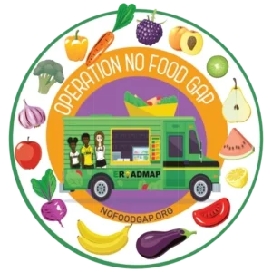 Operation No Food Gap logo featuring a green food truck surrounded by fresh fruits and vegetables, symbolizing the fight against food insecurity and food deserts.