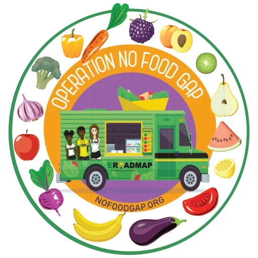 Operation No Food Gap logo featuring a green food truck surrounded by fresh fruits and vegetables, symbolizing the fight against food insecurity and food deserts.